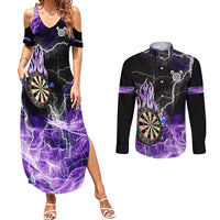 Personalized Purple Lightning Darts Board Couples Matching Summer Maxi Dress and Long Sleeve Button Shirt with Owl Graphic - Wonder Print Shop