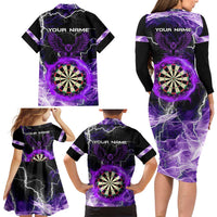 Personalized Purple Lightning Darts Board Family Matching Long Sleeve Bodycon Dress and Hawaiian Shirt with Owl Graphic - Wonder Print Shop