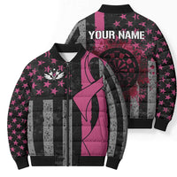 Personalized Pink Ribbon and American Flag Darts Bomber Puffer Jacket - Wonder Print Shop