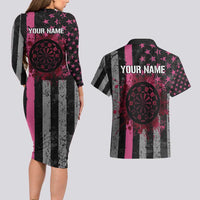 Personalized Pink Ribbon and American Flag Darts Couples Matching Long Sleeve Bodycon Dress and Hawaiian Shirt - Wonder Print Shop