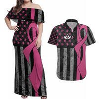 Personalized Pink Ribbon and American Flag Darts Couples Matching Off Shoulder Maxi Dress and Hawaiian Shirt - Wonder Print Shop