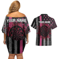 Personalized Pink Ribbon and American Flag Darts Couples Matching Off Shoulder Short Dress and Hawaiian Shirt - Wonder Print Shop