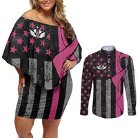 Personalized Pink Ribbon and American Flag Darts Couples Matching Off Shoulder Short Dress and Long Sleeve Button Shirt - Wonder Print Shop
