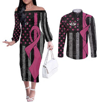Personalized Pink Ribbon and American Flag Darts Couples Matching Off The Shoulder Long Sleeve Dress and Long Sleeve Button Shirt - Wonder Print Shop