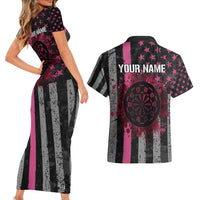 Personalized Pink Ribbon and American Flag Darts Couples Matching Short Sleeve Bodycon Dress and Hawaiian Shirt - Wonder Print Shop