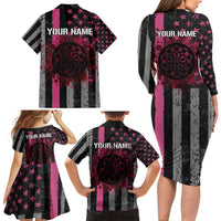 Personalized Pink Ribbon and American Flag Darts Family Matching Long Sleeve Bodycon Dress and Hawaiian Shirt - Wonder Print Shop