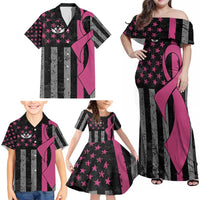 Personalized Pink Ribbon and American Flag Darts Family Matching Off Shoulder Maxi Dress and Hawaiian Shirt - Wonder Print Shop