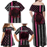 Personalized Pink Ribbon and American Flag Darts Family Matching Off Shoulder Maxi Dress and Hawaiian Shirt - Wonder Print Shop