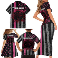 Personalized Pink Ribbon and American Flag Darts Family Matching Short Sleeve Bodycon Dress and Hawaiian Shirt - Wonder Print Shop