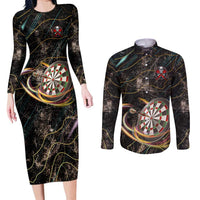 Personalized Skull and Darts Graphic Couples Matching Long Sleeve Bodycon Dress and Long Sleeve Button Shirt with Neon Design - Wonder Print Shop