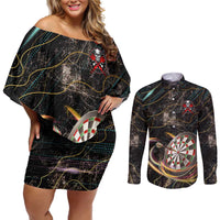 Personalized Skull and Darts Graphic Couples Matching Off Shoulder Short Dress and Long Sleeve Button Shirt with Neon Design - Wonder Print Shop