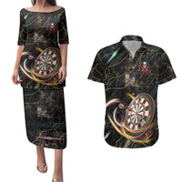 Personalized Skull and Darts Graphic Couples Matching Puletasi and Hawaiian Shirt with Neon Design - Wonder Print Shop
