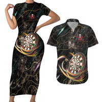 Personalized Skull and Darts Graphic Couples Matching Short Sleeve Bodycon Dress and Hawaiian Shirt with Neon Design - Wonder Print Shop