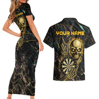 Personalized Skull and Darts Graphic Couples Matching Short Sleeve Bodycon Dress and Hawaiian Shirt with Neon Design - Wonder Print Shop
