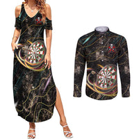 Personalized Skull and Darts Graphic Couples Matching Summer Maxi Dress and Long Sleeve Button Shirt with Neon Design - Wonder Print Shop