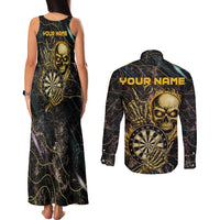 Personalized Skull and Darts Graphic Couples Matching Tank Maxi Dress and Long Sleeve Button Shirt with Neon Design - Wonder Print Shop