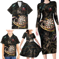 Personalized Skull and Darts Graphic Family Matching Long Sleeve Bodycon Dress and Hawaiian Shirt with Neon Design - Wonder Print Shop