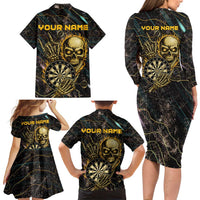 Personalized Skull and Darts Graphic Family Matching Long Sleeve Bodycon Dress and Hawaiian Shirt with Neon Design - Wonder Print Shop