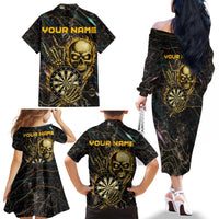 Personalized Skull and Darts Graphic Family Matching Off The Shoulder Long Sleeve Dress and Hawaiian Shirt with Neon Design - Wonder Print Shop