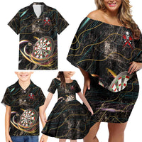 Personalized Skull and Darts Graphic Family Matching Off Shoulder Short Dress and Hawaiian Shirt with Neon Design - Wonder Print Shop