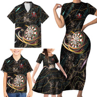Personalized Skull and Darts Graphic Family Matching Short Sleeve Bodycon Dress and Hawaiian Shirt with Neon Design - Wonder Print Shop
