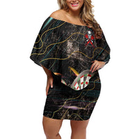 Personalized Skull and Darts Graphic Off Shoulder Short Dress with Neon Design - Wonder Print Shop