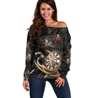 Personalized Skull and Darts Graphic Off Shoulder Sweater with Neon Design - Wonder Print Shop
