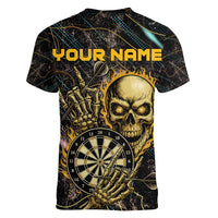 Personalized Skull and Darts Graphic Women V-Neck T-Shirt with Neon Design - Wonder Print Shop