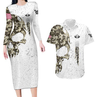 Personalized Camouflage Skull and American Flag Darts Couples Matching Long Sleeve Bodycon Dress and Hawaiian Shirt - Wonder Print Shop