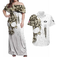 Personalized Camouflage Skull and American Flag Darts Couples Matching Off Shoulder Maxi Dress and Hawaiian Shirt - Wonder Print Shop