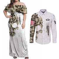 Personalized Camouflage Skull and American Flag Darts Couples Matching Off Shoulder Maxi Dress and Long Sleeve Button Shirt - Wonder Print Shop