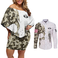 Personalized Camouflage Skull and American Flag Darts Couples Matching Off Shoulder Short Dress and Long Sleeve Button Shirt - Wonder Print Shop