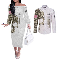 Personalized Camouflage Skull and American Flag Darts Couples Matching Off The Shoulder Long Sleeve Dress and Long Sleeve Button Shirt - Wonder Print Shop