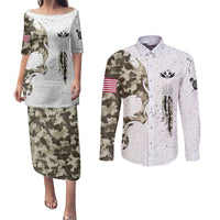 Personalized Camouflage Skull and American Flag Darts Couples Matching Puletasi and Long Sleeve Button Shirt - Wonder Print Shop