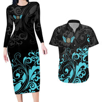 Personalized Elegant Wings and Dartboard Design Couples Matching Long Sleeve Bodycon Dress and Hawaiian Shirt with Swirling Floral Patterns - Wonder Print Shop
