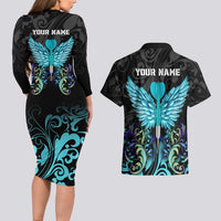 Personalized Elegant Wings and Dartboard Design Couples Matching Long Sleeve Bodycon Dress and Hawaiian Shirt with Swirling Floral Patterns - Wonder Print Shop