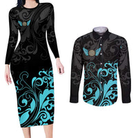 Personalized Elegant Wings and Dartboard Design Couples Matching Long Sleeve Bodycon Dress and Long Sleeve Button Shirt with Swirling Floral Patterns - Wonder Print Shop
