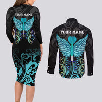 Personalized Elegant Wings and Dartboard Design Couples Matching Long Sleeve Bodycon Dress and Long Sleeve Button Shirt with Swirling Floral Patterns - Wonder Print Shop