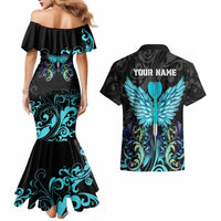 Personalized Elegant Wings and Dartboard Design Couples Matching Mermaid Dress and Hawaiian Shirt with Swirling Floral Patterns - Wonder Print Shop