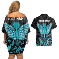 Personalized Elegant Wings and Dartboard Design Couples Matching Off Shoulder Short Dress and Hawaiian Shirt with Swirling Floral Patterns - Wonder Print Shop