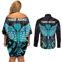 Personalized Elegant Wings and Dartboard Design Couples Matching Off Shoulder Short Dress and Long Sleeve Button Shirt with Swirling Floral Patterns - Wonder Print Shop
