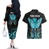 Personalized Elegant Wings and Dartboard Design Couples Matching Off The Shoulder Long Sleeve Dress and Hawaiian Shirt with Swirling Floral Patterns - Wonder Print Shop