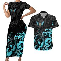 Personalized Elegant Wings and Dartboard Design Couples Matching Short Sleeve Bodycon Dress and Hawaiian Shirt with Swirling Floral Patterns - Wonder Print Shop
