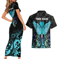 Personalized Elegant Wings and Dartboard Design Couples Matching Short Sleeve Bodycon Dress and Hawaiian Shirt with Swirling Floral Patterns - Wonder Print Shop