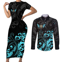 Personalized Elegant Wings and Dartboard Design Couples Matching Short Sleeve Bodycon Dress and Long Sleeve Button Shirt with Swirling Floral Patterns - Wonder Print Shop