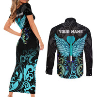 Personalized Elegant Wings and Dartboard Design Couples Matching Short Sleeve Bodycon Dress and Long Sleeve Button Shirt with Swirling Floral Patterns - Wonder Print Shop