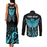 Personalized Elegant Wings and Dartboard Design Couples Matching Tank Maxi Dress and Long Sleeve Button Shirt with Swirling Floral Patterns - Wonder Print Shop