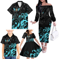Personalized Elegant Wings and Dartboard Design Family Matching Off The Shoulder Long Sleeve Dress and Hawaiian Shirt with Swirling Floral Patterns - Wonder Print Shop