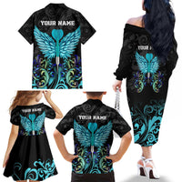 Personalized Elegant Wings and Dartboard Design Family Matching Off The Shoulder Long Sleeve Dress and Hawaiian Shirt with Swirling Floral Patterns - Wonder Print Shop