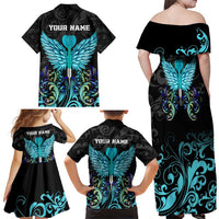 Personalized Elegant Wings and Dartboard Design Family Matching Off Shoulder Maxi Dress and Hawaiian Shirt with Swirling Floral Patterns - Wonder Print Shop